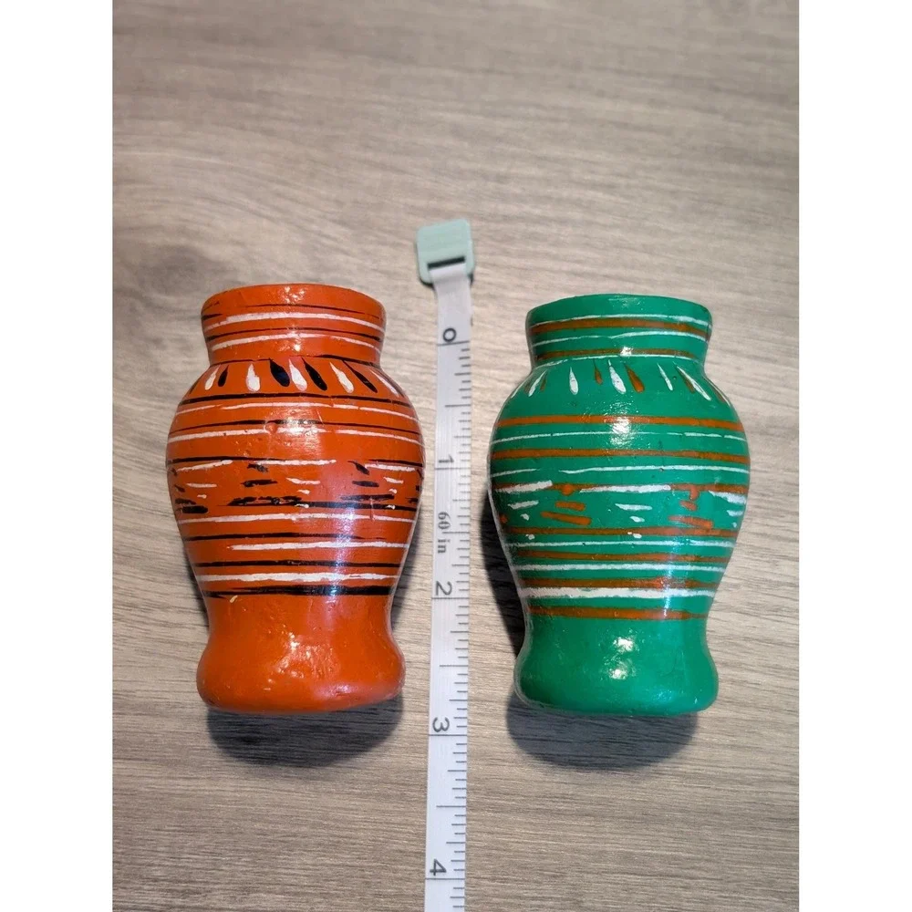 Vintage Hand Painted Miniature Pottery Vases Set of 2 Green Orange Folk Art 3